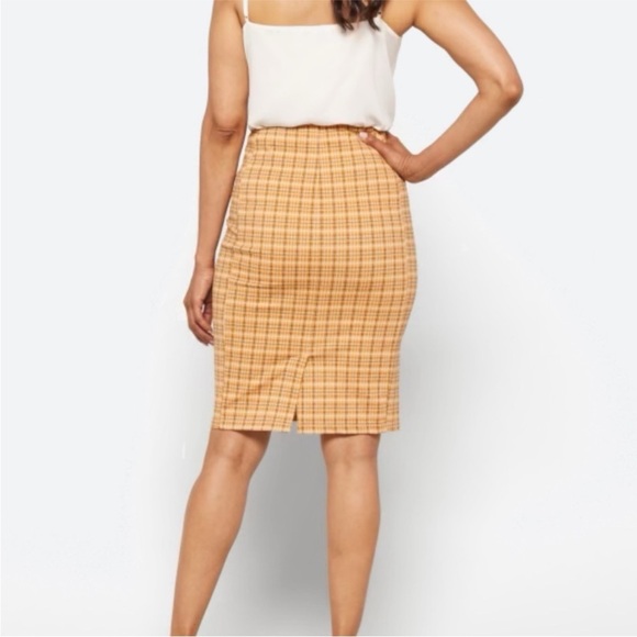 Liverpool Bia Knit Pencil Skirt‎ | Goldenrod Yellow/Grey-Blue Plaid | Petite 10P - Picture 4 of 16